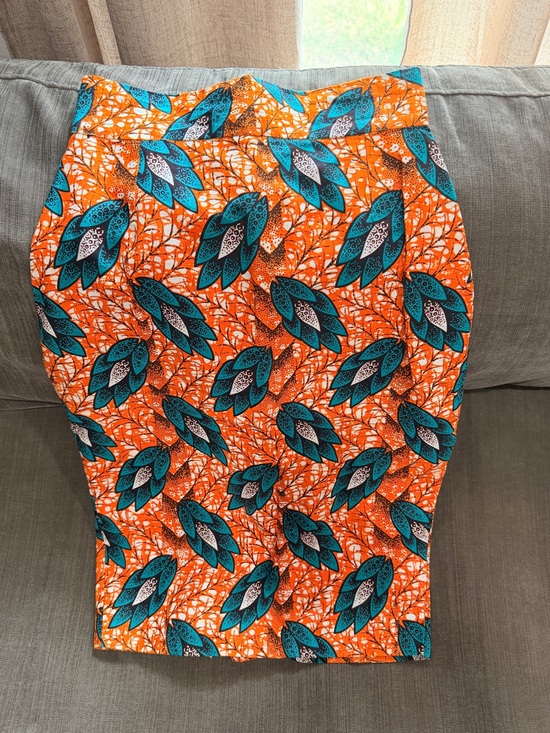Dresses & Skirts - Handmade Ghanaian Wax Print Pencil Skirt | Bright Orange & Teal | Small